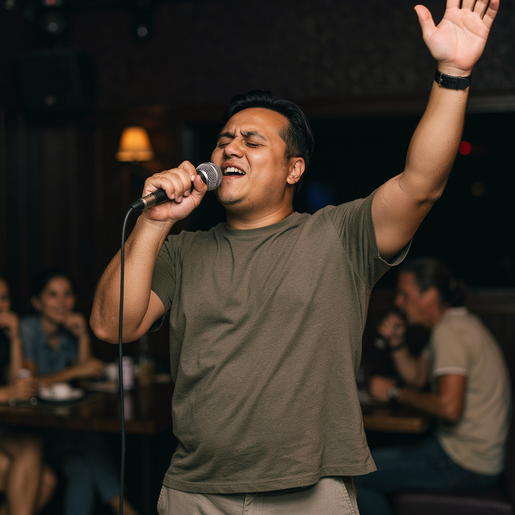 Scène générée : Qui chante le plus faux au karaoké ?