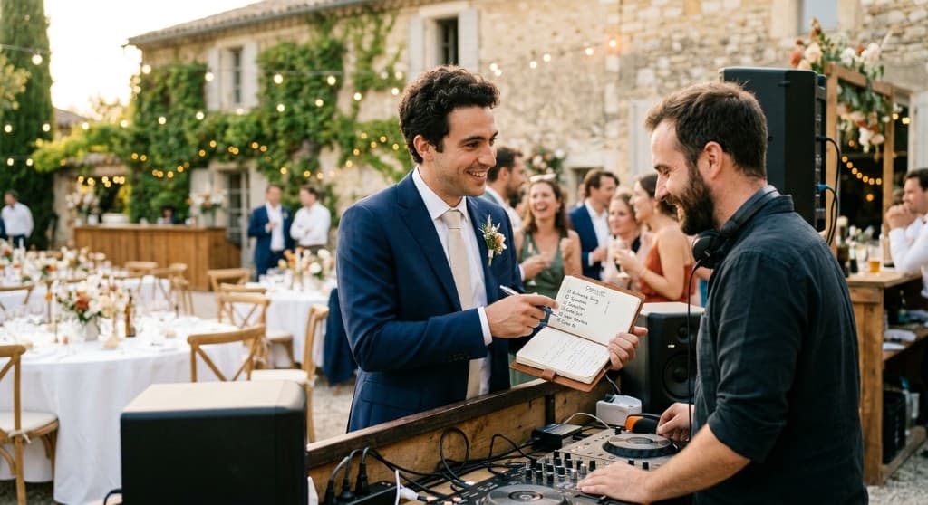 Témoin montrant sa check-list des animations au DJ lors du mariage en plein air