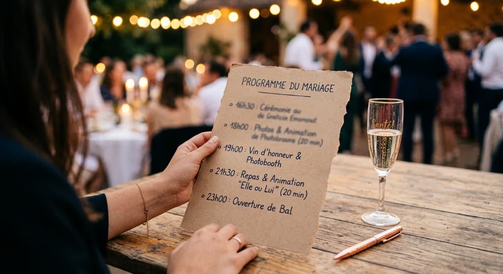 Programme du mariage avec le nombre d'animations par moment (photobooth, Elle ou Lui, bal)